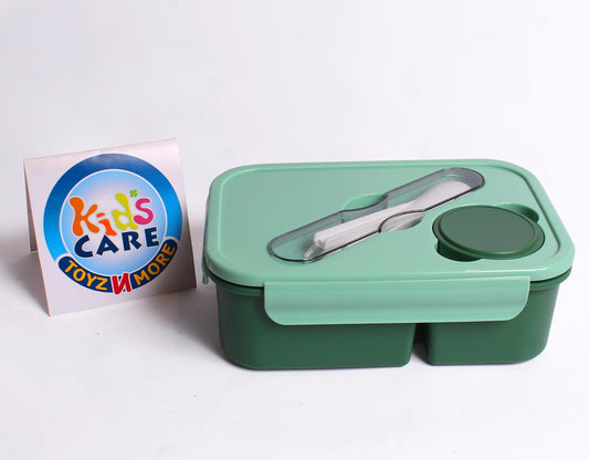 Double Portion Lunch Box With Round Container, Spoon & Fork - Green (4562)