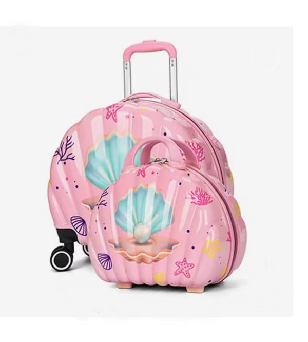 Seashell-Shaped Kids Luggage Set – 2 Piece Rolling Suitcase & Vanity Bag | Pink & Green | Durable, Lightweight & Waterproof