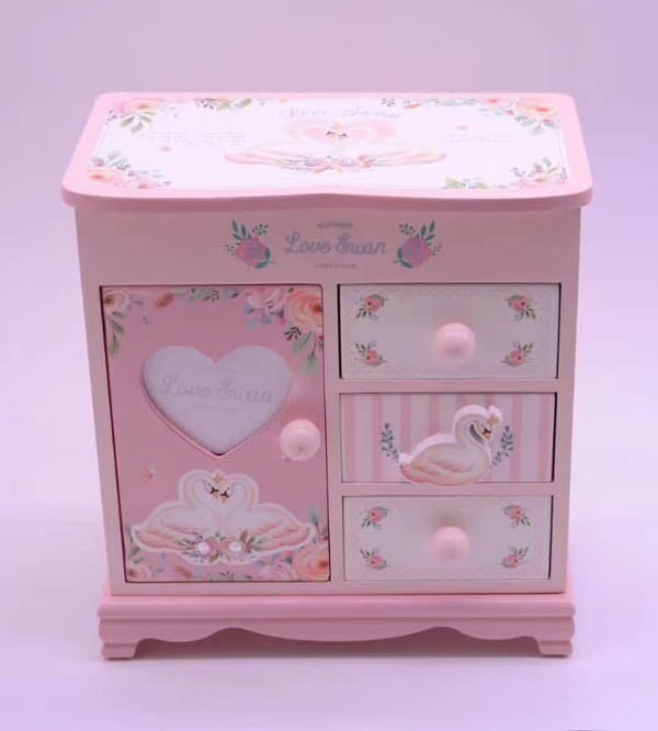 Adorable Love Swan Themed Wooden Jewelry Organizer for Girls | Pink | Mirror & Photo Frame (TCY9136)