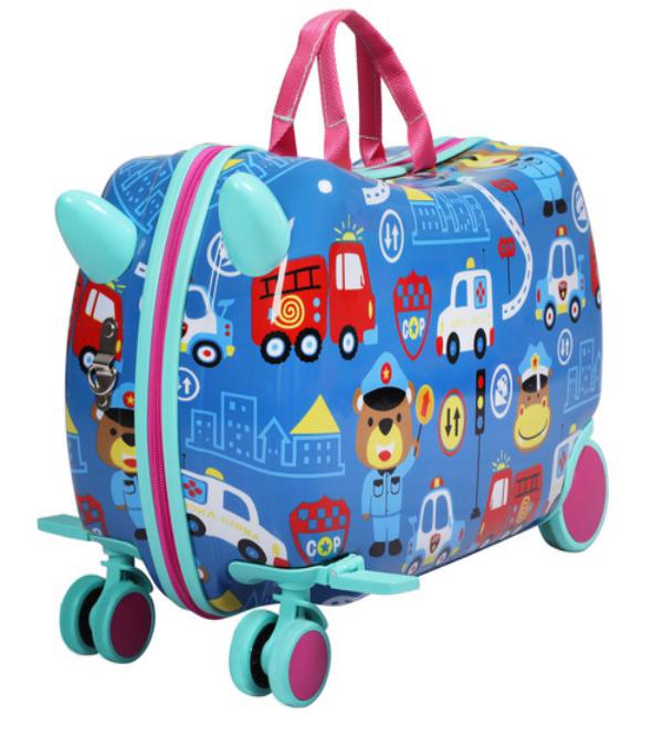 Cartoon City Police Ride-On Suitcase for Kids – Hard Shell, 360° Wheels, Pull & Ride Travel Luggage (18.5 x 12.5 inches)