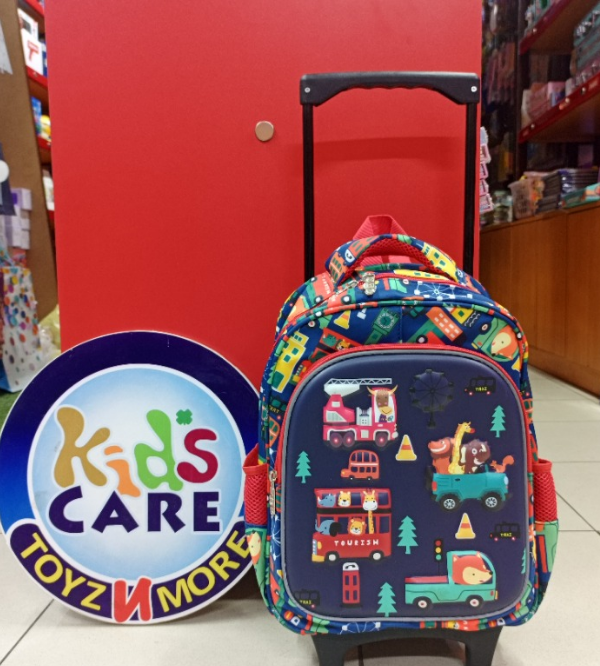 Colorful Jungle Animals in Cars 3D Kids School Trolley Bag – 14 Inch, Lightweight & Durable – For KG 1, KG 2 & Grade 1 (72014T)