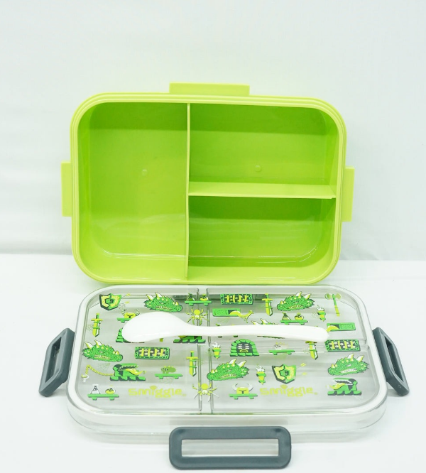 Dinosaur Theme Four-Section Kids Lunch Box with Spoon & Container – 10.5 x 7.5 inches