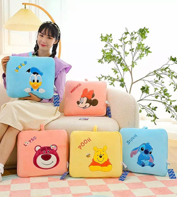 Disney 2-in-1 Travel Pillow & Blanket for Kids - Premium Winnie the Pooh, Minnie Mouse, Lotso, Donald Duck (Washable, 35x38cm Pillow, 120x150cm Blanket)
