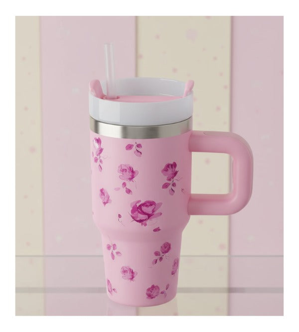 Floral Design Insulated Tumbler with Handle & Straw – 20oz (590ml) Double-Wall Stainless Steel Cup (SG331)