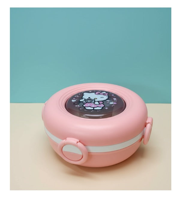 Hello Kitty Round Shaped Stainless Steel Lunch Box – Three Portions, Spoon & Fork, 6.5x6.5 inches (KH31-14)