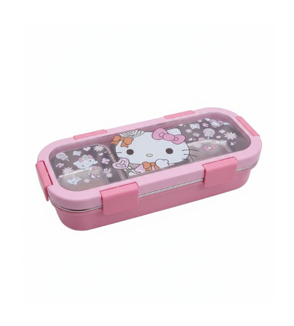Hello Kitty Three Portion Stainless Steel Lunch Box with Spoon & Fork – 10.5 x 4 Inches (TQ-YC1)