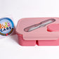 Double Portion Lunch Box With Round Container, Spoon & Fork - Pink (4562)