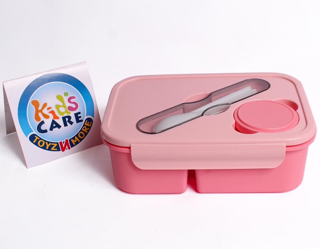 Double Portion Lunch Box With Round Container, Spoon & Fork - Pink (4562)