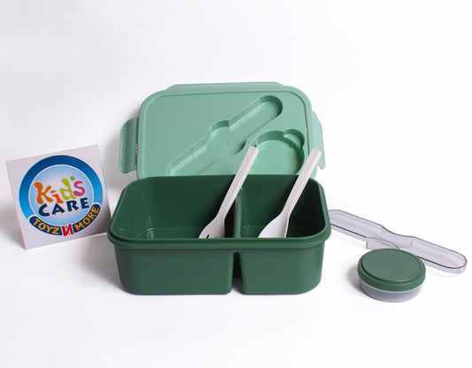 Double Portion Lunch Box With Round Container, Spoon & Fork - Green (4562)