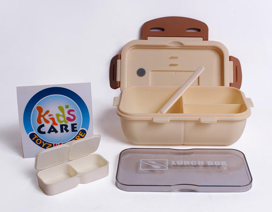 Three Portion Lunch Box With Small Containers and Spork - Beige (8812)