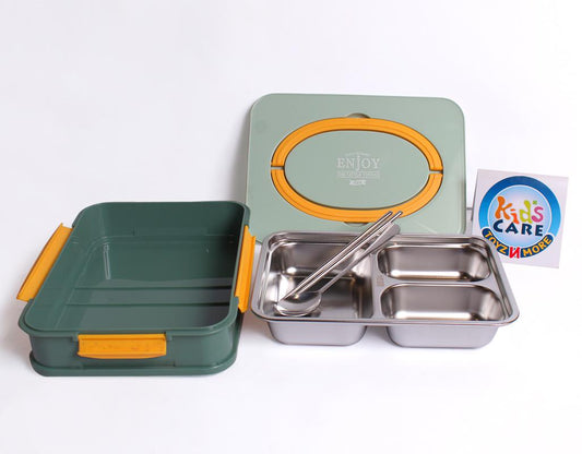 Three Compartment Stainless Steel Lunch Box With Utensils and Handbag Handle Green (2506)