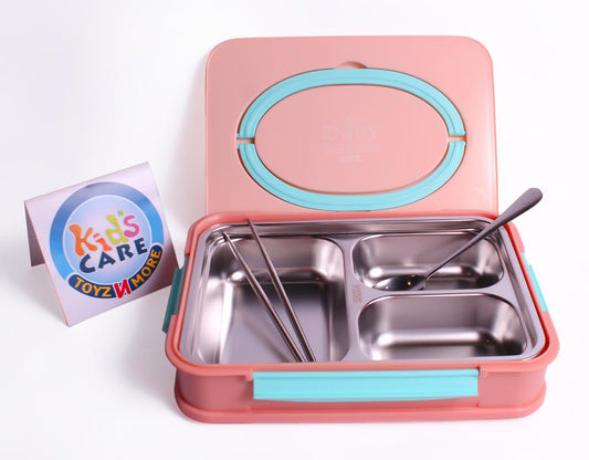 Three Compartment Stainless Steel Lunch Box With Utensils and Handbag Handle Pink (2506)