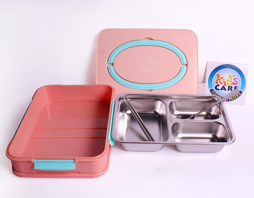 Three Compartment Stainless Steel Lunch Box With Utensils and Handbag Handle Pink (2506)