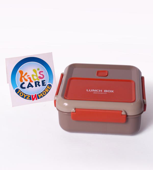 6x6-inch Square Shaped Lunch Box With Two Portions, Four Side Locks, Spoon & Fork - Brown (0352)