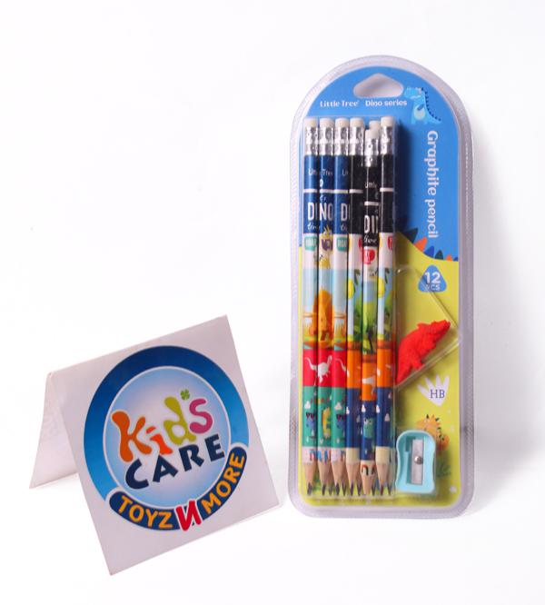 Pack of 12 Dinosaur Themed Pencils With Dinosaur-Shaped Eraser & Sharpener (MC111218-E)