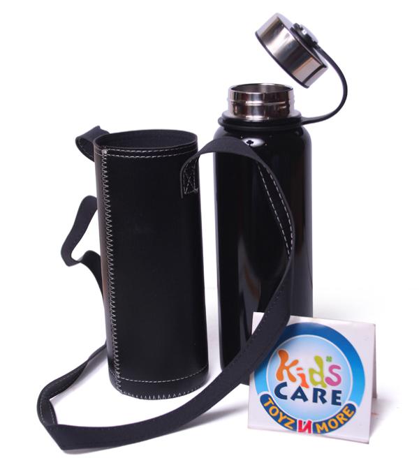 High Quality Metallic Thermal Water Bottle With Leather Cover 1100 ml | Black (DWX-5061)