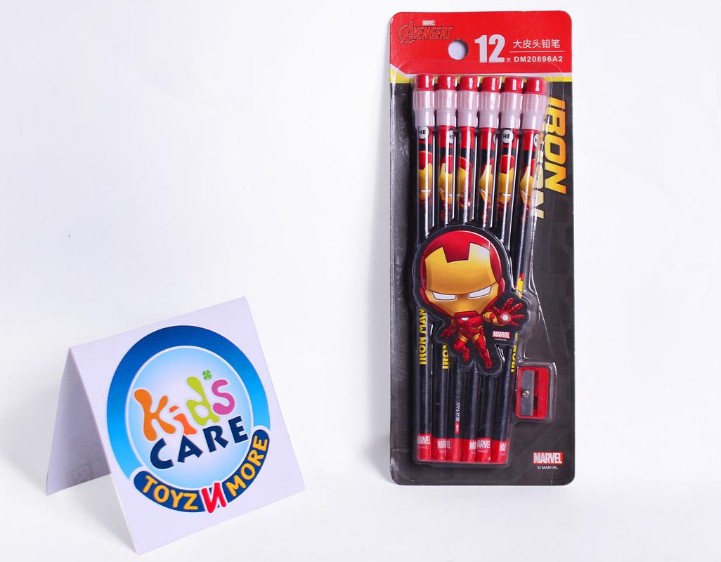 Pack of 12 Iron Man Themed Pencils With Attached Eraser and a Sharpener (DM20696A2)