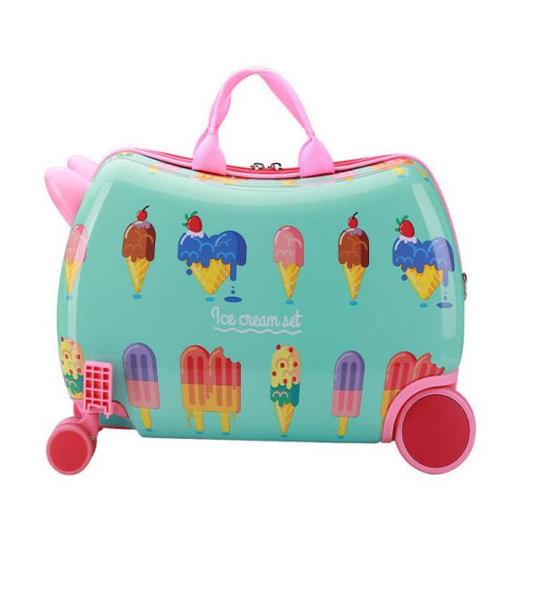 Ice Cream Ride-On Suitcase for Kids – Hard Shell, Foldable Pedals, 360° Wheels & Pull Strap (18.5 x 12.5 inches)