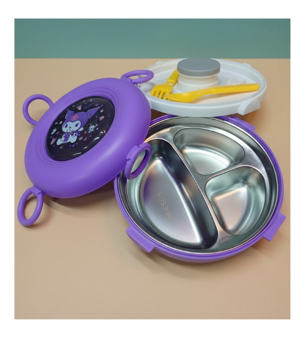 Kuromi Round Shaped Stainless Steel Lunch Box – Three Portions, Spoon & Fork, 6.5x6.5 inches (KH31-14)