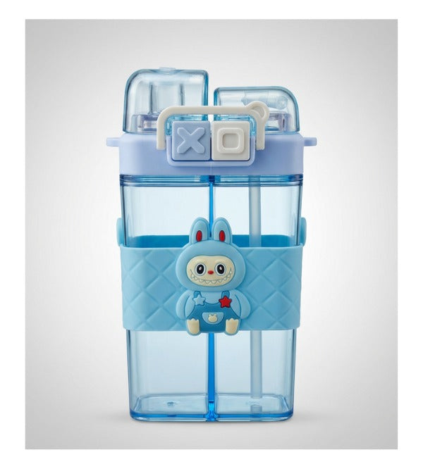 Labubu Dual-Partition Kids Water Bottle – 600ml | Two-Drink Bottle with Strap (Blue, Purple, Pink)
