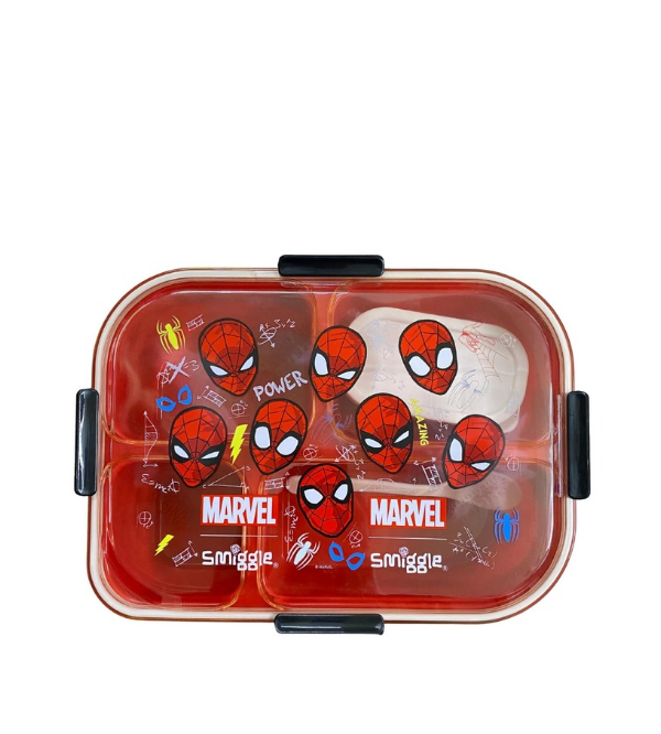 Marvel Spider-Man Four-Section Kids Lunch Box with Spoon & Container – 10.5 x 7.5 inches