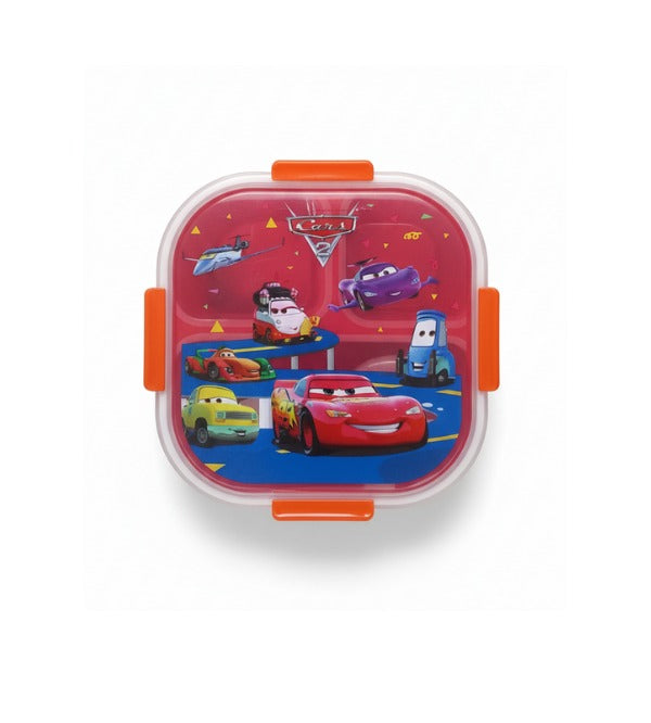 McQueen Car Themed Three Portion Lunch Box with Spoon & Sauce Container – 7x7 Inches (9001)