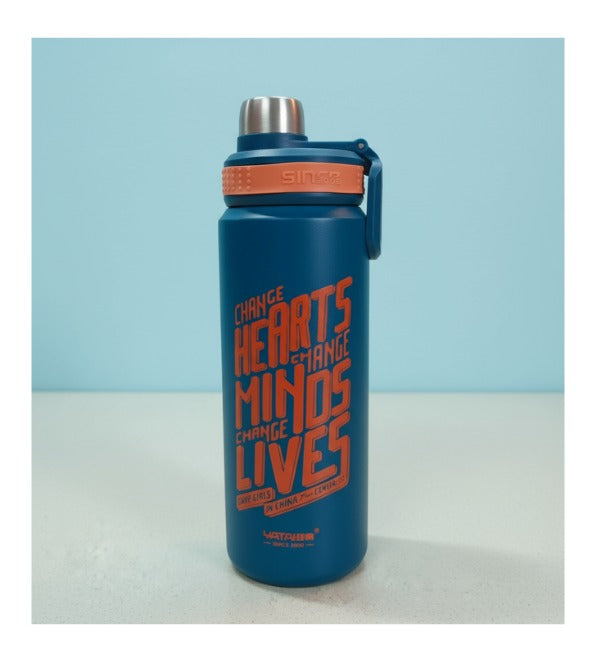 Metallic Blue Thermal Water Bottle 700ml with Spout & Strainer – “Change Hearts, Change Minds, Change Lives” (YTF-128)
