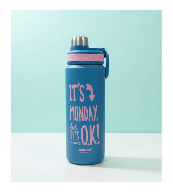 Metallic Blue Thermal Water Bottle 700ml with Spout & Strainer – “It’s Monday, But It’s OK” (YTF-128)