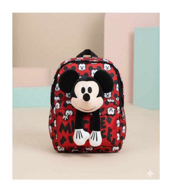 Mickey Mouse Kids Bag with Detachable Plush Toy – 11 Inch | Cute School & Travel Backpack | Red & Black (Z-91)