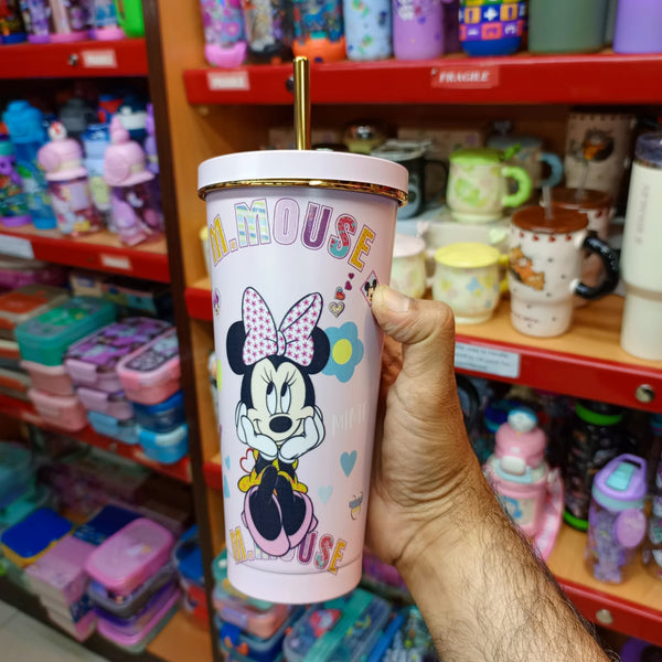 Minnie Mouse Stainless Steel Tumbler with Golden Straw | 750ml | Pink & White (BWH323)