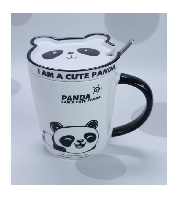 Panda Ceramic Mug with Cute Panda Face Lid & Spoon – White & Black (KS9529)