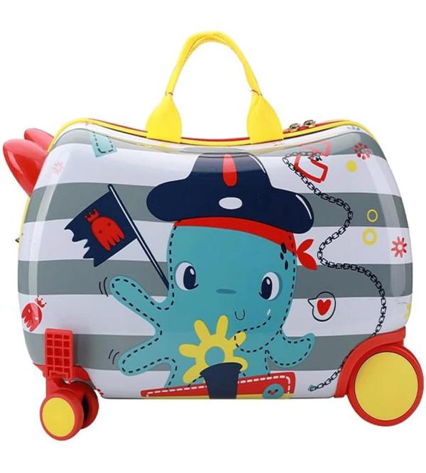 Pirate Octopus Ride-On Suitcase for Kids – Hard Shell, Foldable Pedals, 360° Wheels & Pull Strap (18.5 x 12.5 inches)