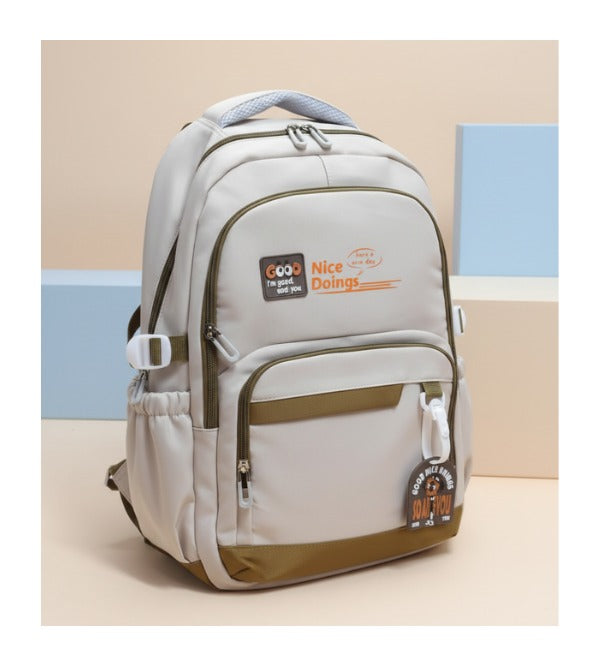 Premium Beige School Bag & Travel Backpack – 18-Inch “Nice Doings” Multi-Pocket Backpack