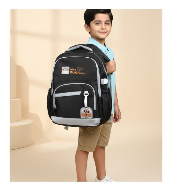 Premium Black School Bag & Travel Backpack – 18-Inch “Nice Doings” Stylish Backpack