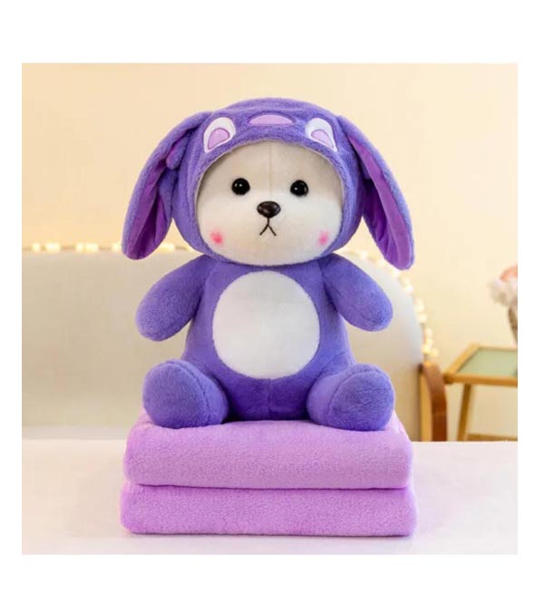 Stuffed Bear Plush Toy with Blanket Inside – 16 Inch Teddy Bear | Green & Purple (C-24)