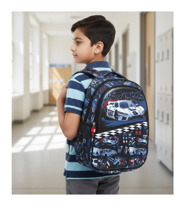 Racing Car 3D School Bag for Boys – Spacious & Durable Backpack for Grade 1 to 3 (16188)