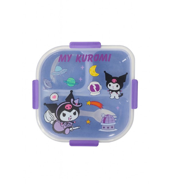 Kuromi Themed Three Portion Lunch Box with Spoon & Sauce Container – 7x7 Inches (9001)