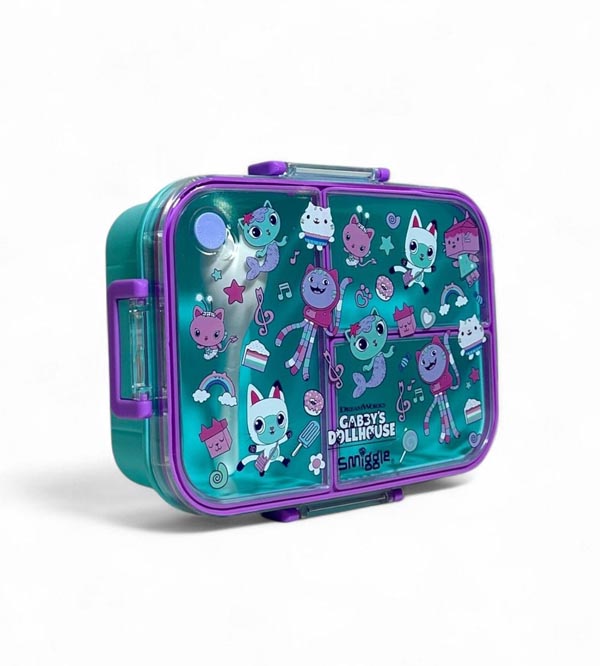 Smiggle Gabby’s Dollhouse 3 Portion Lunch Box – 1200ml Leak-Proof, BPA Free, Kids Lunch Box with Spoon (SM254098)