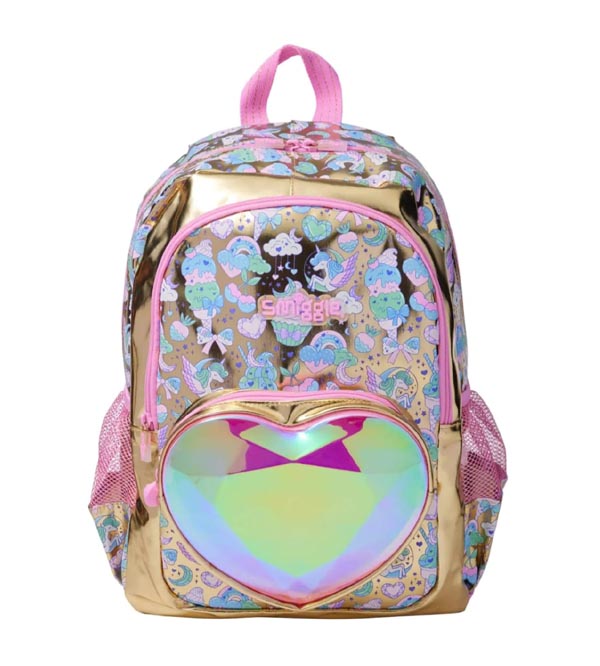 Smiggle Unicorn & Heart Kids School Bag & Travel Backpack – 17 Inches with Transparent Heart Pocket (716704)