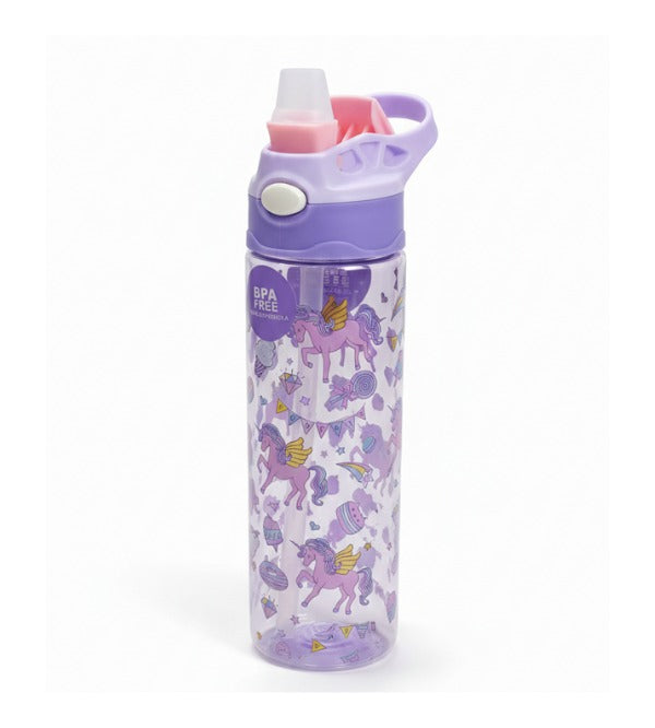 Unicorn Kids Water Bottle 680ml – Purple Push Button Straw Bottle ...