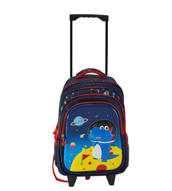 Space Dinosaur 3D School Trolley Bag – 18 Inches | Durable Kids Rolling Backpack for Grade 3 to 6 | Multi-Compartment School Bag with 3 Wheels (2388T)