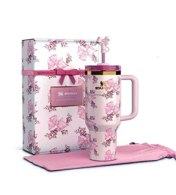 Stanley x LoveShackFancy Holiday Quencher Inspired Tumbler | 40oz Pink with Bow Design