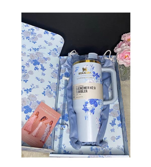 Stanley x LoveShackFancy Inspired Holiday Quencher Tumbler | 40oz Blue Floral Print