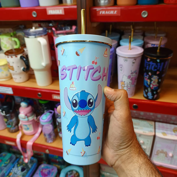 Stitch Stainless Steel Tumbler with Golden Straw | 750ml | Black, White, Blue & Pink (BWH323)