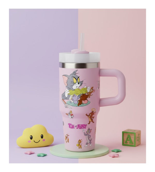 Tom & Jerry Insulated Tumbler with Handle & Straw – 20oz (590ml) Double-Wall Stainless Steel Cup for Girls (TS3370)