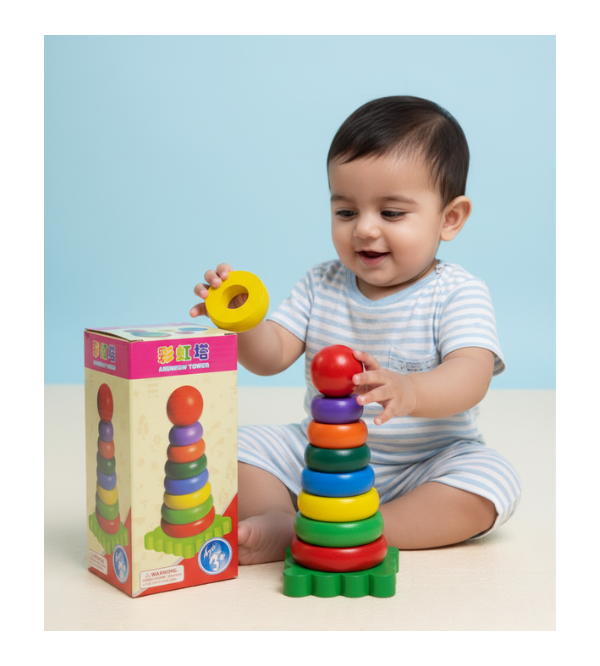 Colorful Wooden Rainbow Tower Stacking Toy – 7 Colorful Rings for Kids (1–3 Years)