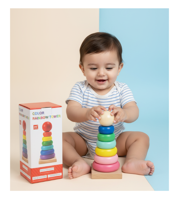 Wooden Rainbow Tower Stacking Toy – 6 Colorful Rings for Kids (1–3 Years)