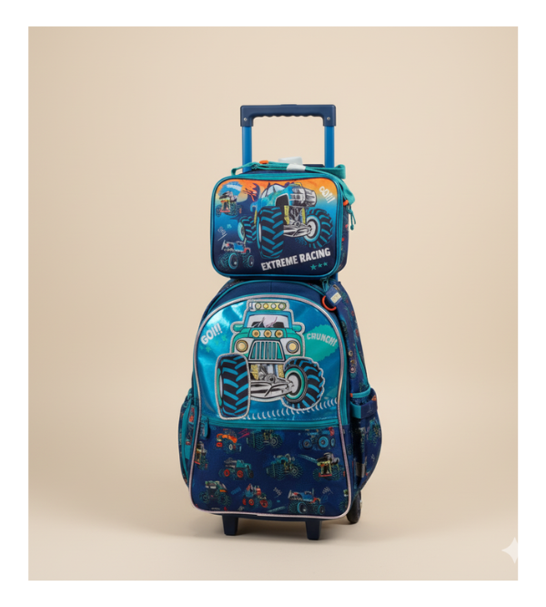 Vest Brand Monster Trucks Trolley School Bag Set with Matching Insulated Lunch Bag – Premium Kids Travel & School Set | Grade 1–5 (U2116)