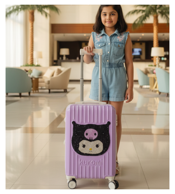 Kuromi Glitter Hard Shell Carry-On Suitcase – Purple | Kids Travel Luggage with 360° Wheels