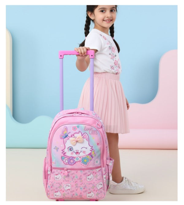 Vest Brand Cute Cat School Trolley Bag for Kids – Grade 1 to 3 | Durable & Spacious Rolling Backpack (U2113)